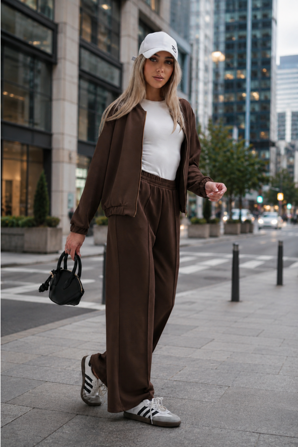 Luksusowy Komplet Damski Masełko Bluza Rozpinana + Spodnie Wide Leg Premium Soft Touch Elegancja & Komfort-brązowy